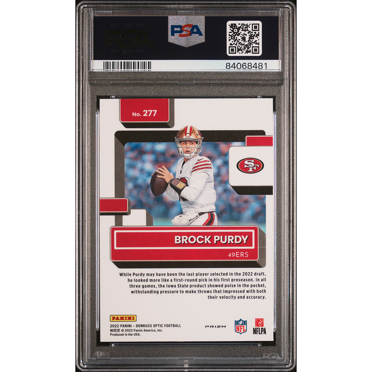 2022 Donruss Optic Brock Purdy Purple Shock Rookie - PSA 9